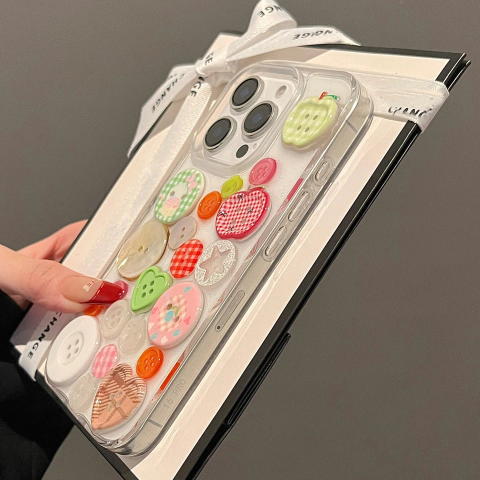 Cute Transparent Button Phone Case For iPhone 15 14 13 12 11 16 Pro Max 14 15 16 Plus Silicone Clear Shockproof Protector Cover