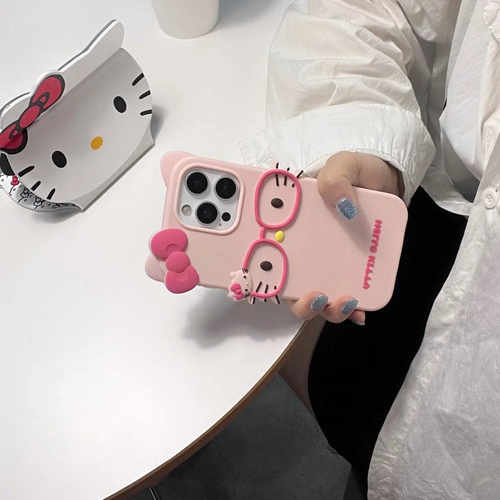3D Stereoscopic Phone Case For iPhone 17 16 15 14 13 12 11 Pro Max Cute Cartoon Sanrio Hello Kitty Bow Cases Soft Silicone Cover