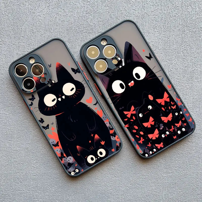 Cute Cartoon Cat Phone Case For iPhone 13 Cases 17 16 14 15 11 12 13 Pro Max Mini XS X XR 15 Plus Black Color Shockproof Covers