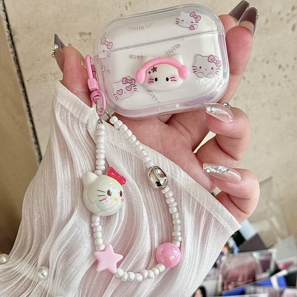Earphone Case For Airpods 1 2 3 4 Pro 2 3D Cute Sanrio Hello Kitty Wireless Bluetooth Headset Protective Soft Cover With Pendant