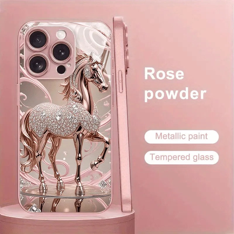 Luxury Diamond Horse Pattern Pink Metallic Glass Phone Case For iPhone 17 16 15 14 13 12 11 Pro Max 15 14 Plus 17 Air 16E Cover