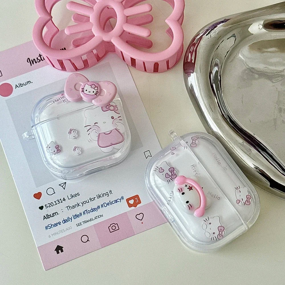 Earphone Case For Airpods 1 2 3 4 Pro 2 3D Cute Sanrio Hello Kitty Wireless Bluetooth Headset Protective Soft Cover With Pendant