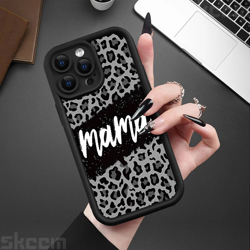 Leopard Print Mom Letter Patter Phone Case For iPhone 16 15 Pro Max 14 Plus 13 12 11 X XS XR 7 8 Plus Matte Silicone Soft Cover