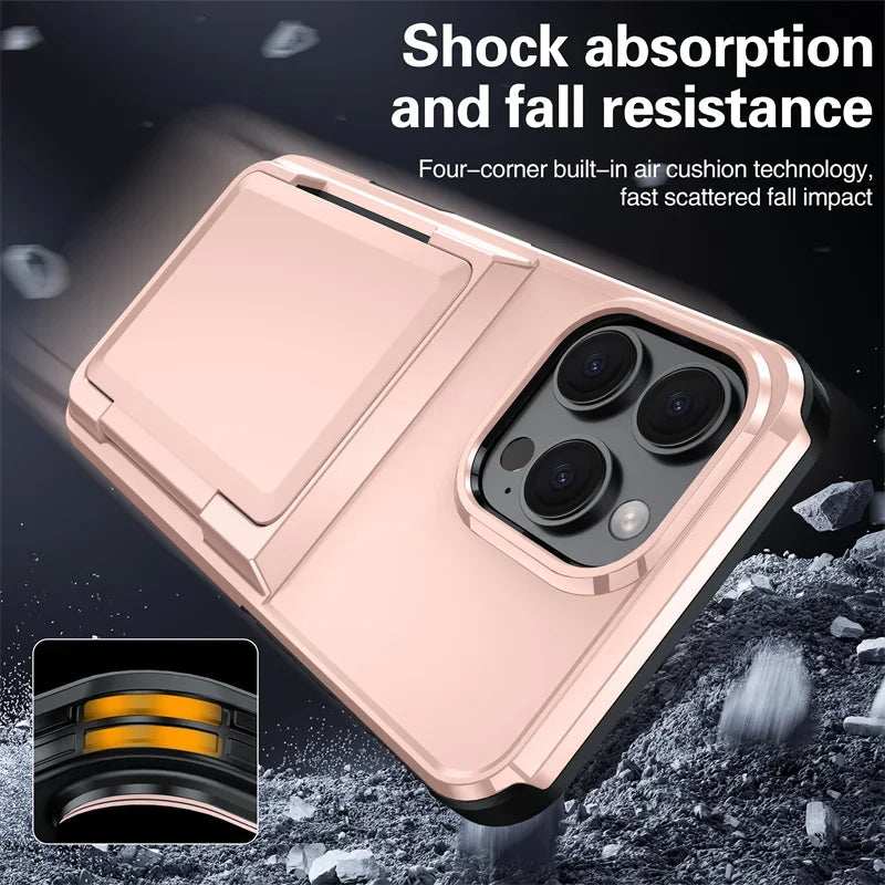 Shockproof Phone Cases with Card Slot for iPhone 16 15 14 Pro Max 13 12 11 Pro Bracket Protective Cover for iPhone 16 Flip Shell