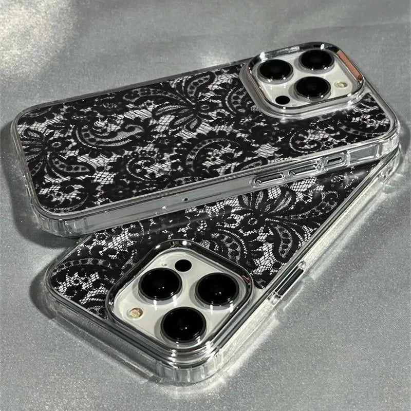 1Pc Stylish Black Lace Pattern Transparent Electroplated Frame Phone Case, Suitable for iPhone 17/16 Pro Max/15/14 Plus/13/12/11, Shock-Absorbing, Anti-Slip, Lightweight, Fashionable and Trendy Design, Unisex.