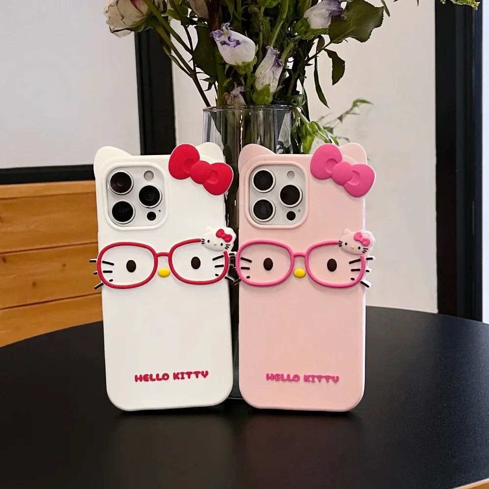 3D Stereoscopic Phone Case For iPhone 17 16 15 14 13 12 11 Pro Max Cute Cartoon Sanrio Hello Kitty Bow Cases Soft Silicone Cover