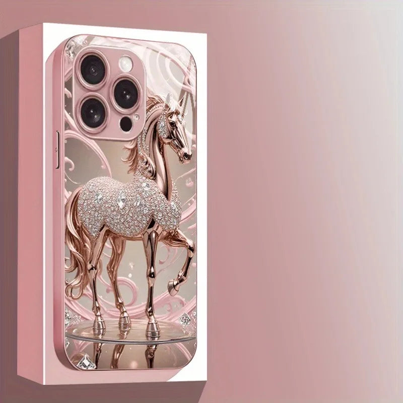 Luxury Diamond Horse Pattern Pink Metallic Glass Phone Case For iPhone 17 16 15 14 13 12 11 Pro Max 15 14 Plus 17 Air 16E Cover