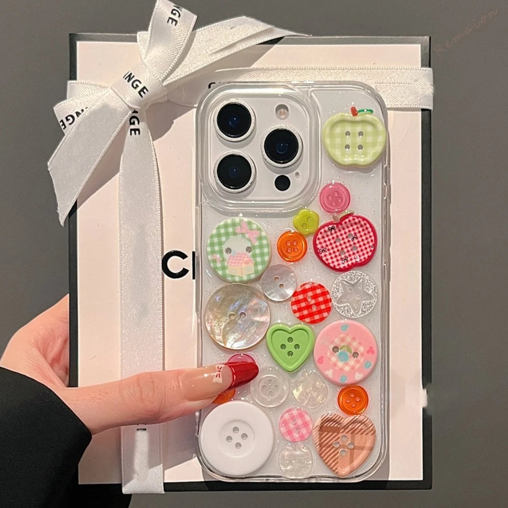 Cute Transparent Button Phone Case For iPhone 15 14 13 12 11 16 Pro Max 14 15 16 Plus Silicone Clear Shockproof Protector Cover