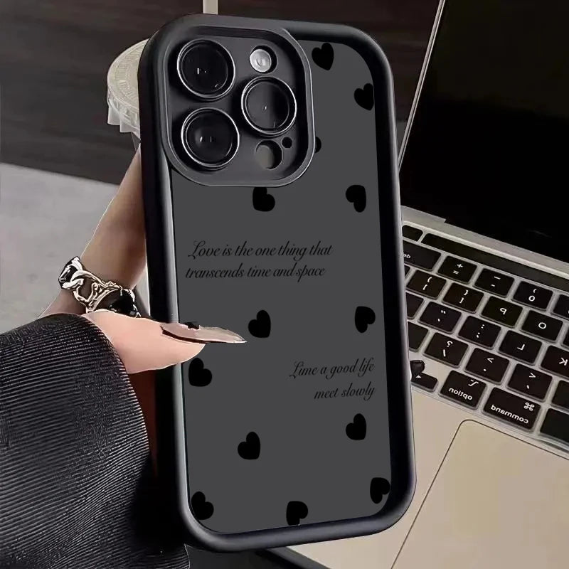 Black Love Heart Soft Matte Phone Case For iPhone 11 12 13 14 Pro 16E XS X XR 7 8 Plus SE2 Cover For iPhone 15 16 Pro Max Cases