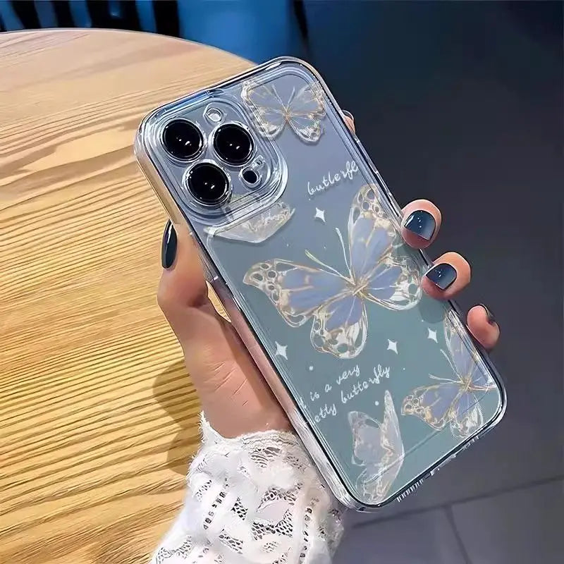 INS Blue Ice Crystal Butterfly Phone Case For iPhone 16 15 14 13 12 11 Pro Max XR XS MAX 7 8 PLUS MINI Soft TPU Shockproof Cover