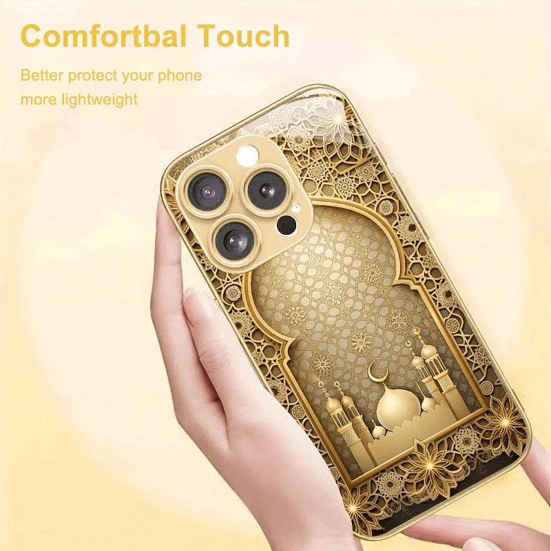 Luxury Gold Palace Pattern Gold Metallic Paint Glass Phone Case For iPhone 17 16 15 14 13 12 11 Pro Max 15 Plus 17Air 16E Cover