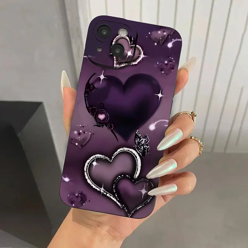 Purple Heart-Shaped Design TPU Phone Case For iPhone 17 16 Pro Cases iPhone 16E 11 12 13 14 15 Pro Max XS X XR 7 8 16 Plus Cover